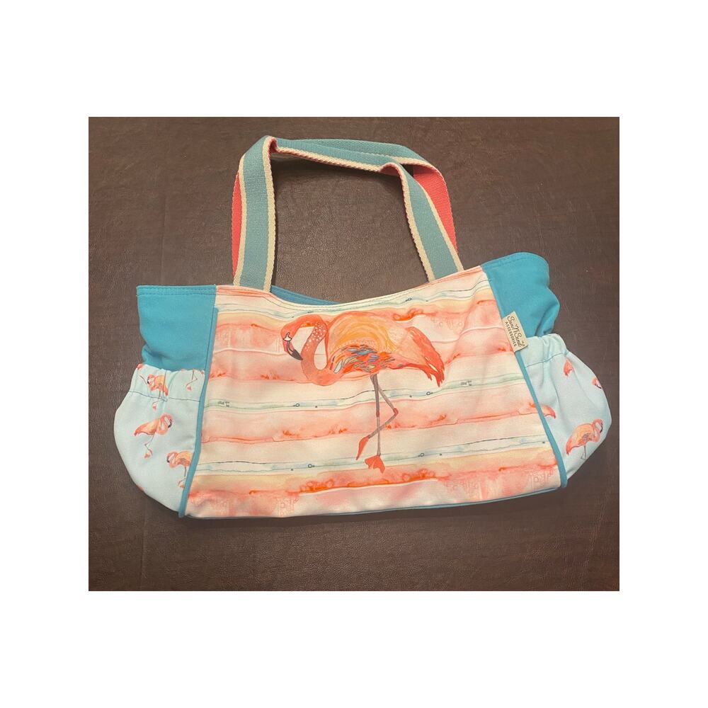Sun N' Sand Flamingo Large Zip Top Canvas‎ Shoulder Bag Elastic Side Pockets